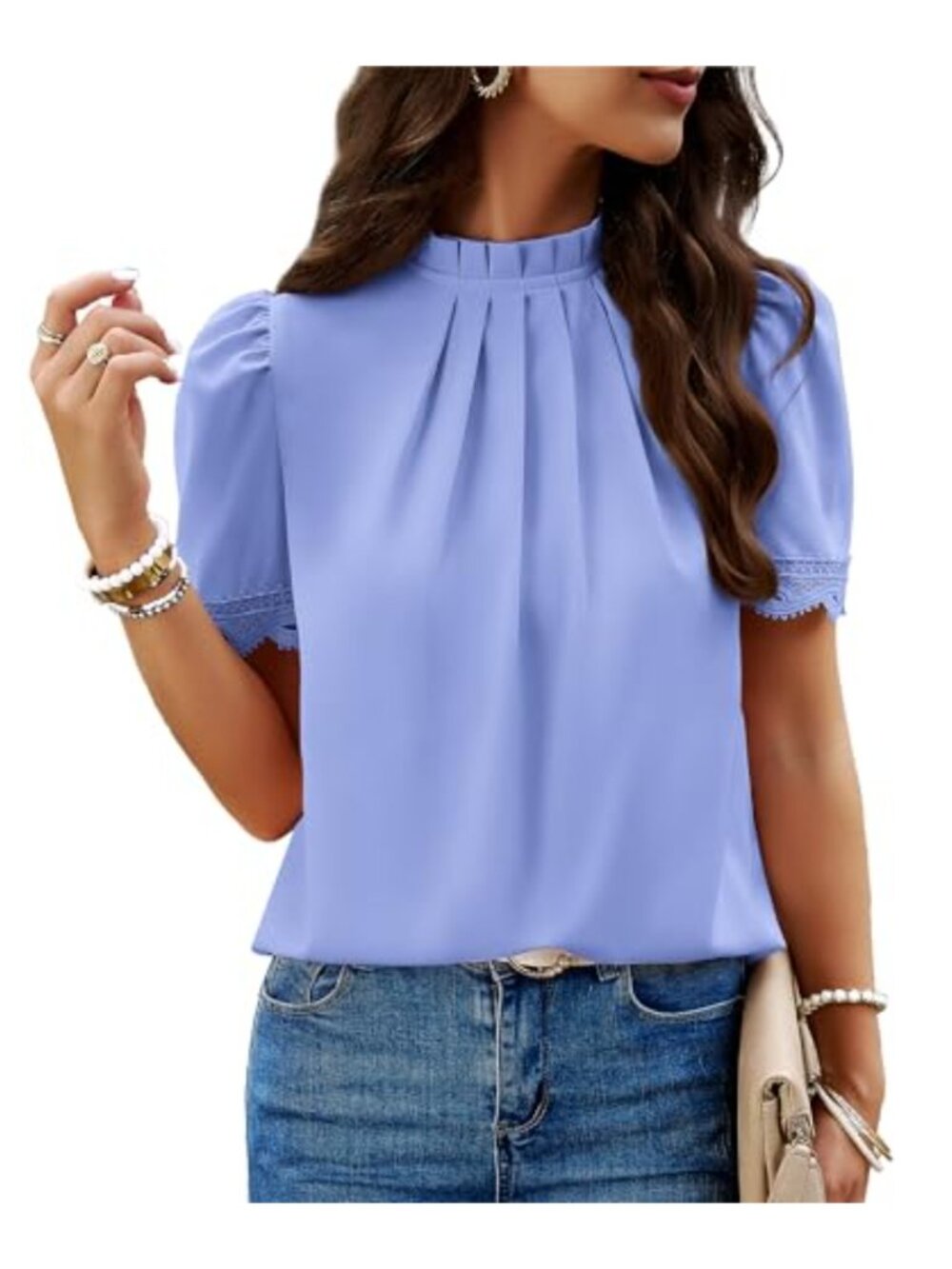 Womens Mock Neck Blouse Puff Short Sleeve Lace Trim Button Back Top